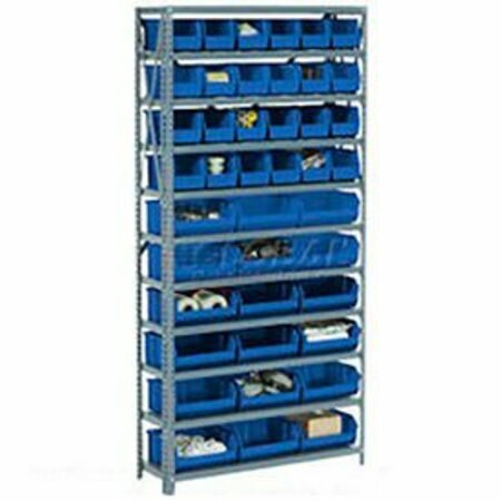 GLOBAL INDUSTRIAL Steel Open Shelving with 21 Blue Plastic Stacking Bins 6 Shelves, 36x12x39 603243BL